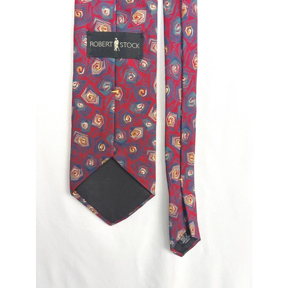 Vintage Robert Stock Necktie Made in the USA Red Geometric Silk Mens Accessory